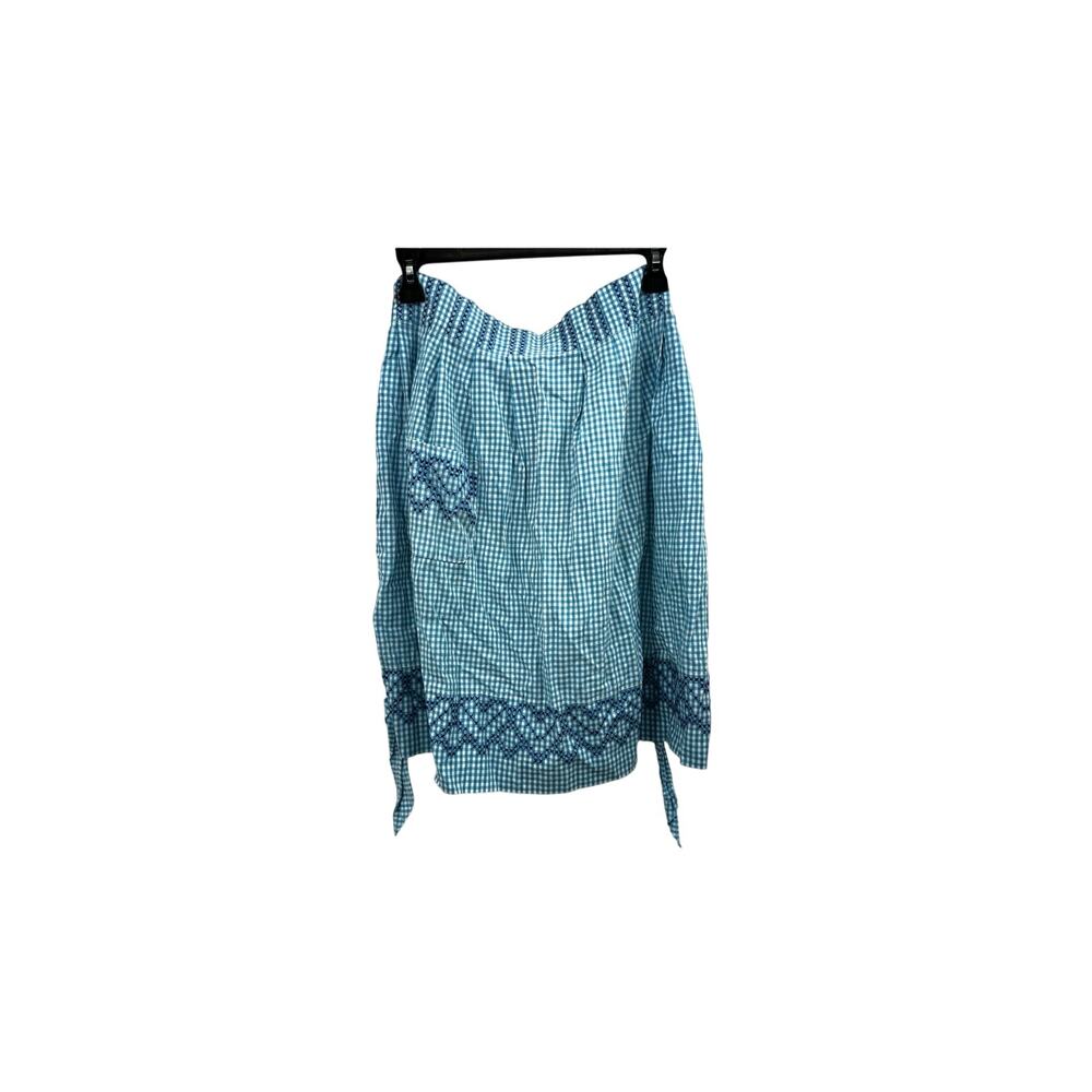Vintage Waist Apron Needlepoint Embroidery Turquoise White Gingham Tie Waist